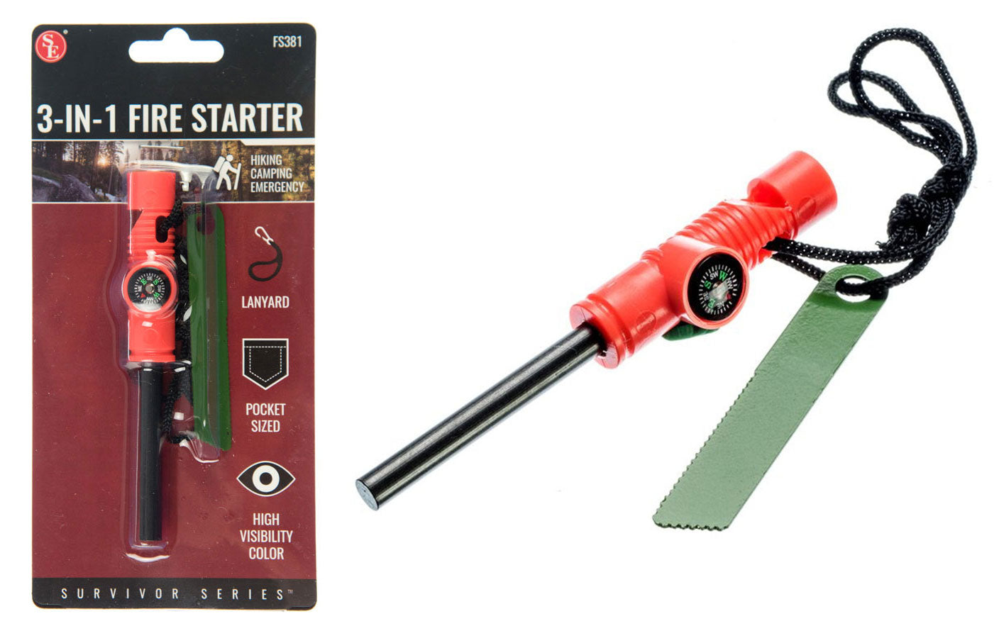 3-IN-1 Flint Fire Starter, Compass & Whistle (2" x 1/4")
