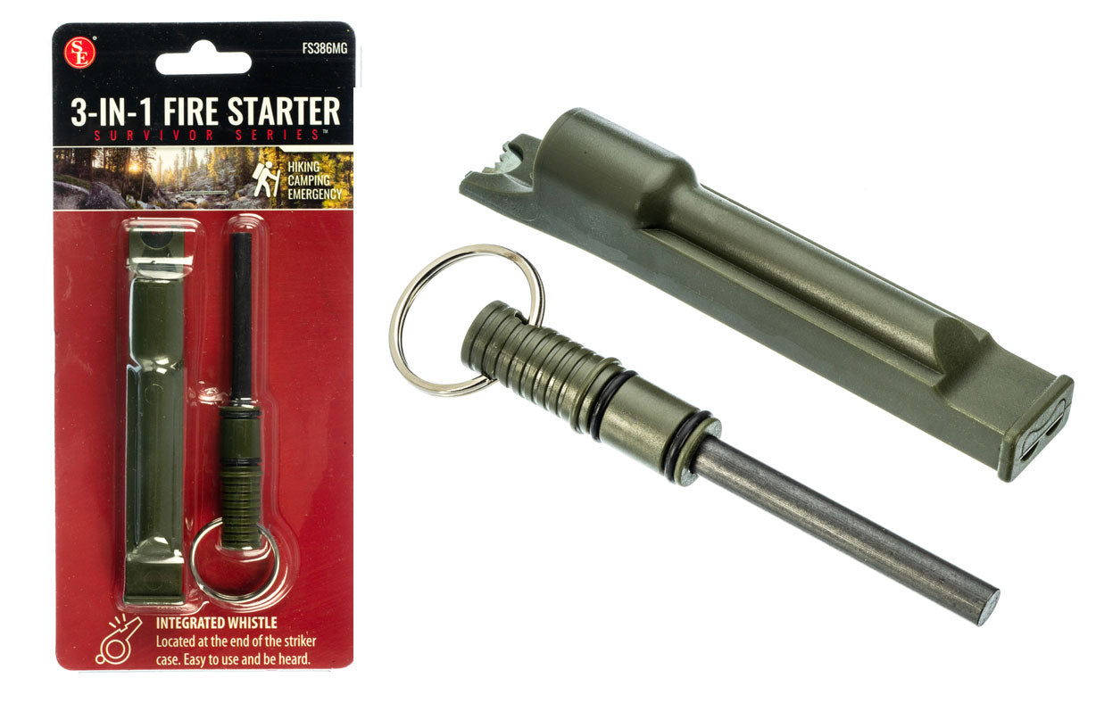 3-IN-1 Flint Fire Starter, Integrated Whistle & Spilt Ring