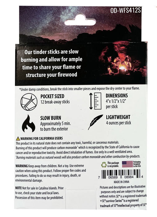 12 Pack Slow-Burn Water Resistant Tinder Sticks