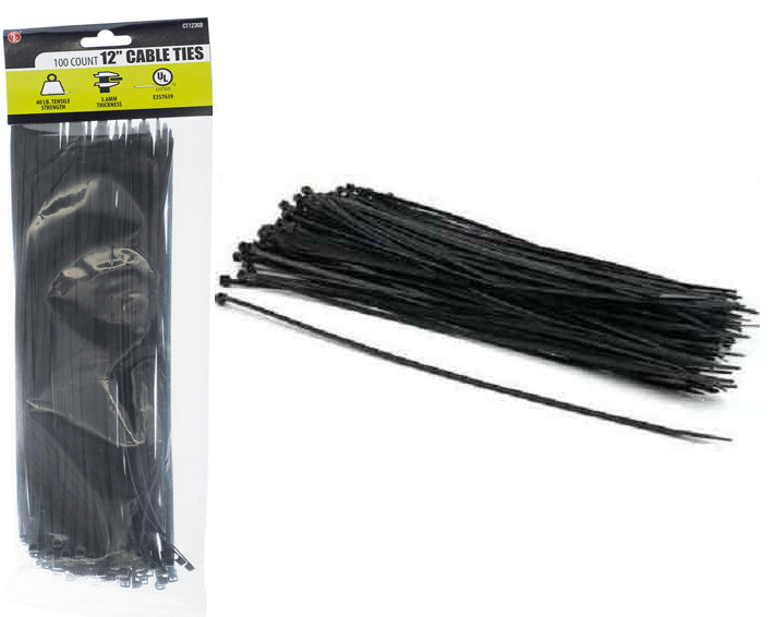 100-piece set of 12"X3.6MM Black Cable Ties