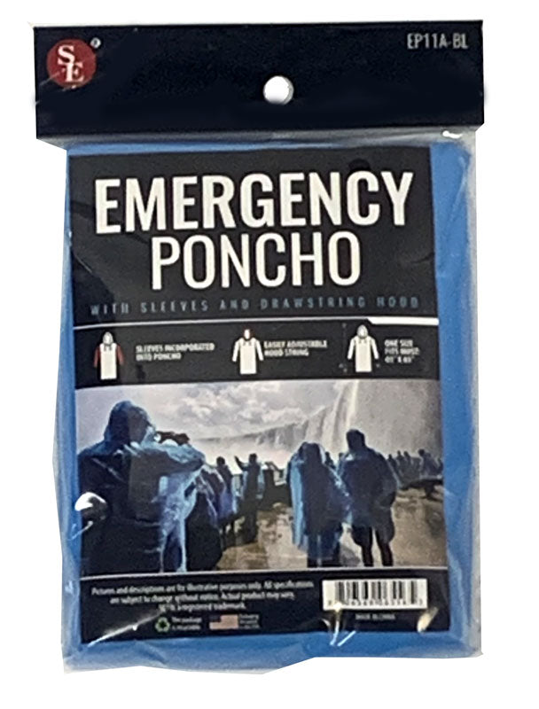 Blue Water-Resistant Emergency Poncho with Hood Attached & Full Sleeve