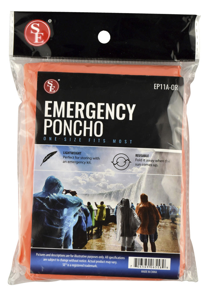 Orange Water-Resistant Emergency Poncho with Hood Attached & Full Sleeve