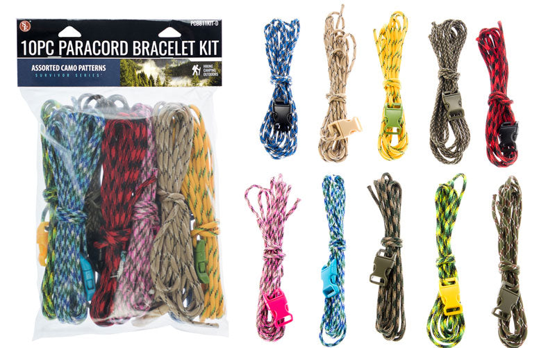 10Pc -10' Assorted Camo Design Paracord Bracelet Kit with Buckles
