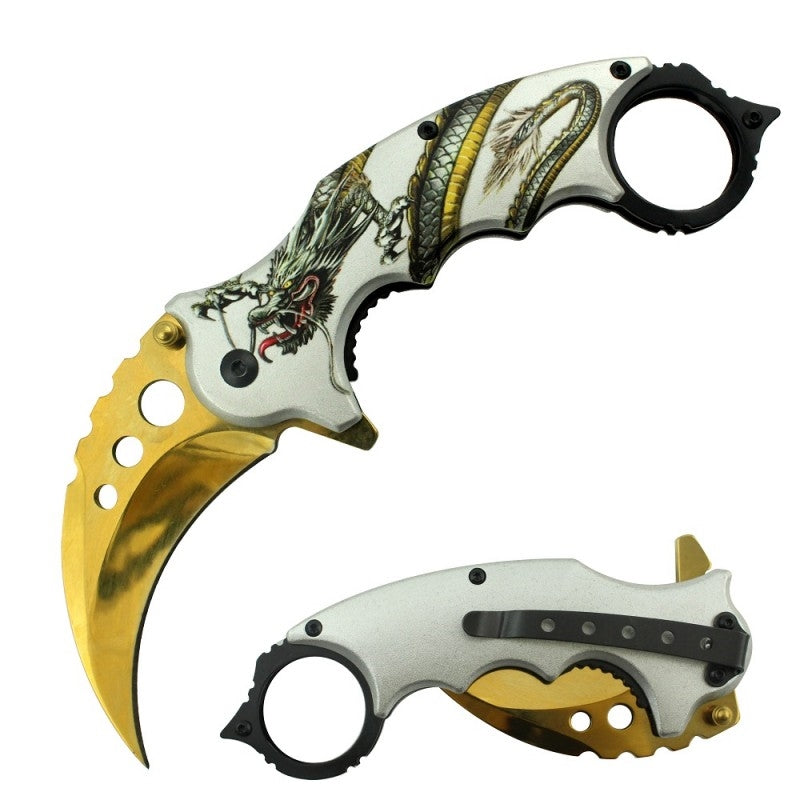 7" Assisted Open Karambit Knife Dragon Artwork Handle