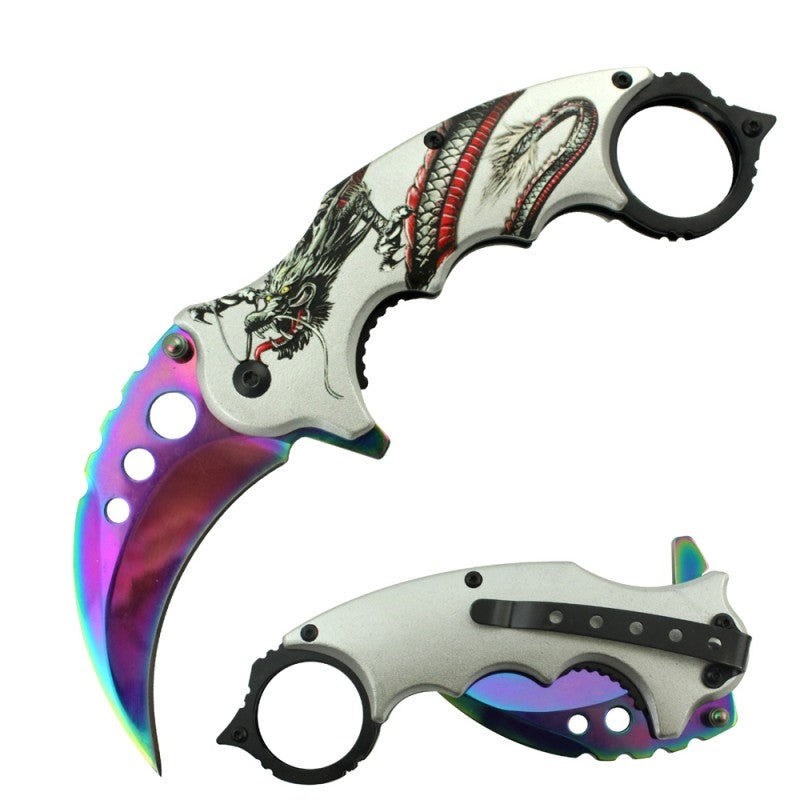 7" Assisted Open Karambit Knife Dragon Artwork Handle