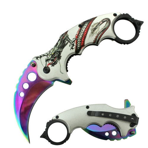7" Assisted Open Karambit Knife Dragon Artwork Handle