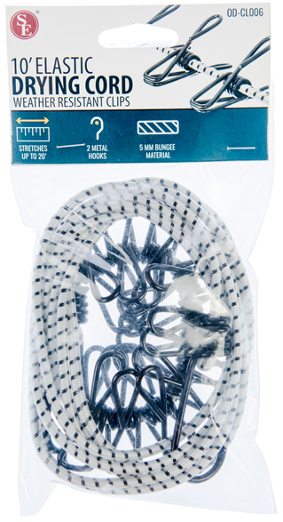 10'x 3/16" Stretch Cord Camping Clothline With 10 Weather Resistant Clips