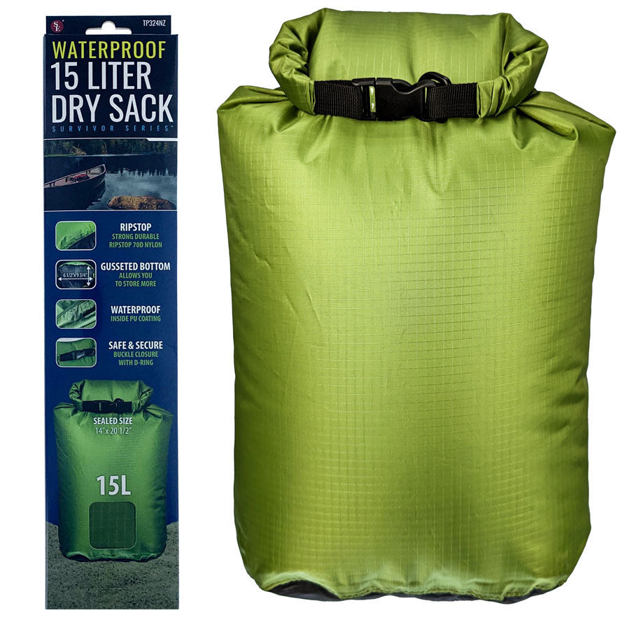 15L Waterproof Green Dry Sack With Gusseted bottom