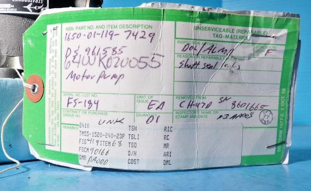 CH47 CHINOOK MOTOR PUMP NSN:1650-01-119-7429 STARTERPUMP HYDRALIC PN 64WK02005-5