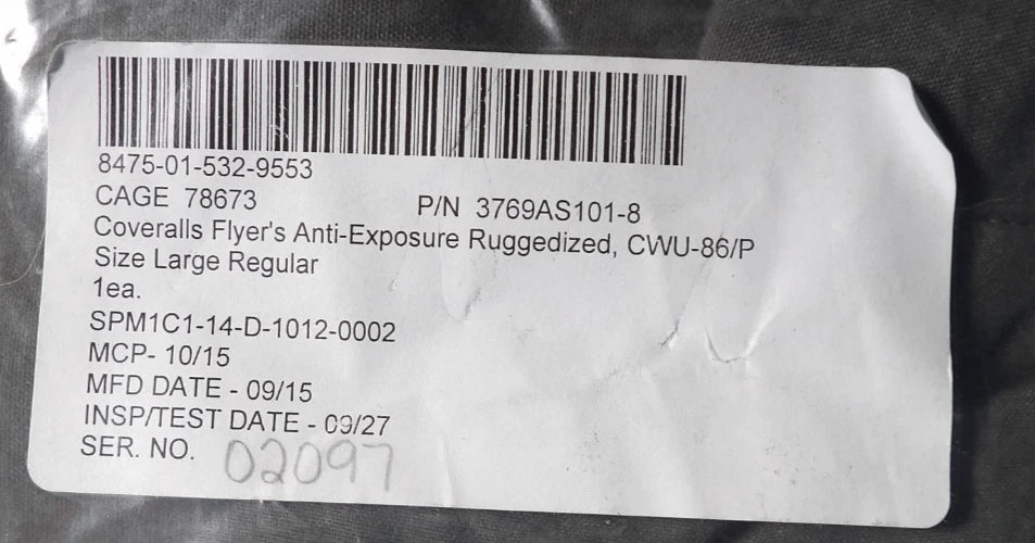 ANTI-EXPOSURE RUGGEDIZED COVERALLS CWU-86P LARGE REGULAR