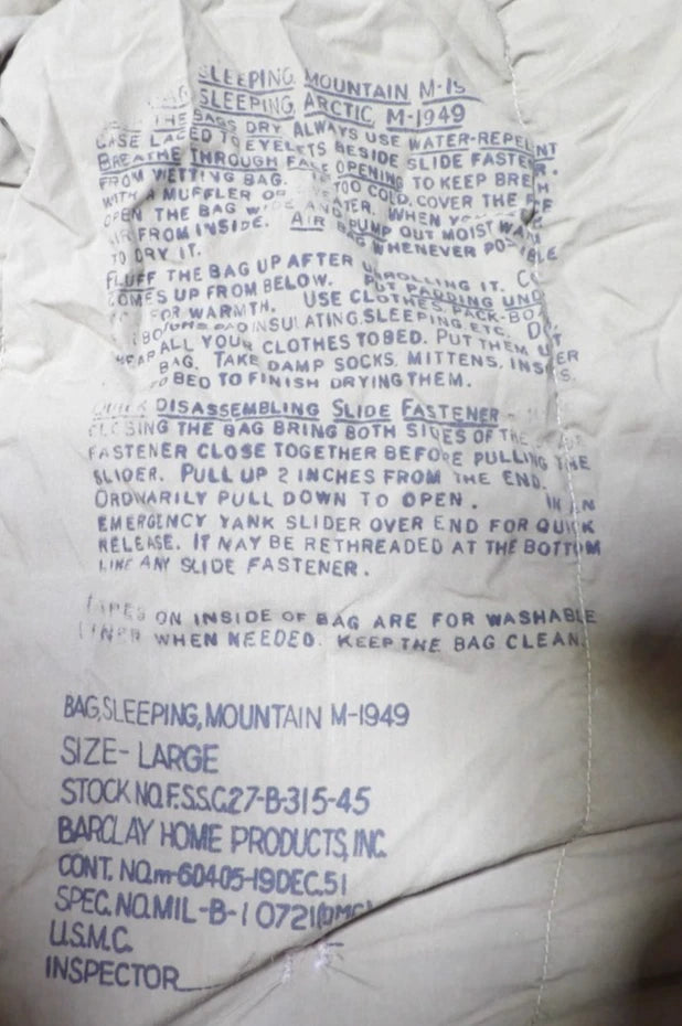 VTG USGI M-1949 MOUNTAIN SLEEPING BAG DOWNFILLED ARCTIC SIZE LARGE WITH COVER