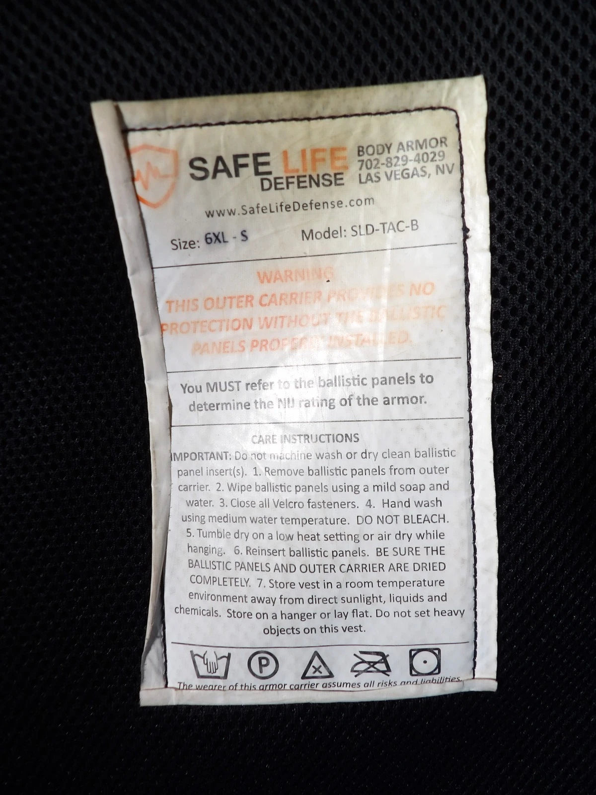 SAFE LIFE DENFENSE MODEL SLD-TAC-B 6XL-S WITH PANELS INESRTS & SIDE PANELS
