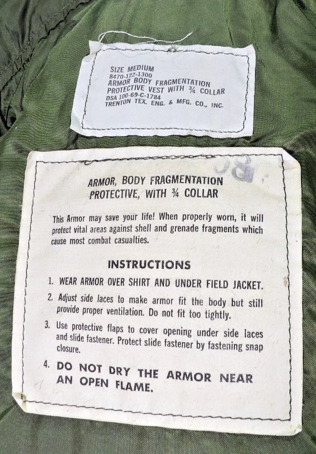 VIETNAM ERA M-69 ARMY FLAK VEST 3/4 COLLAR SIZE MEDIUM DATED 1969