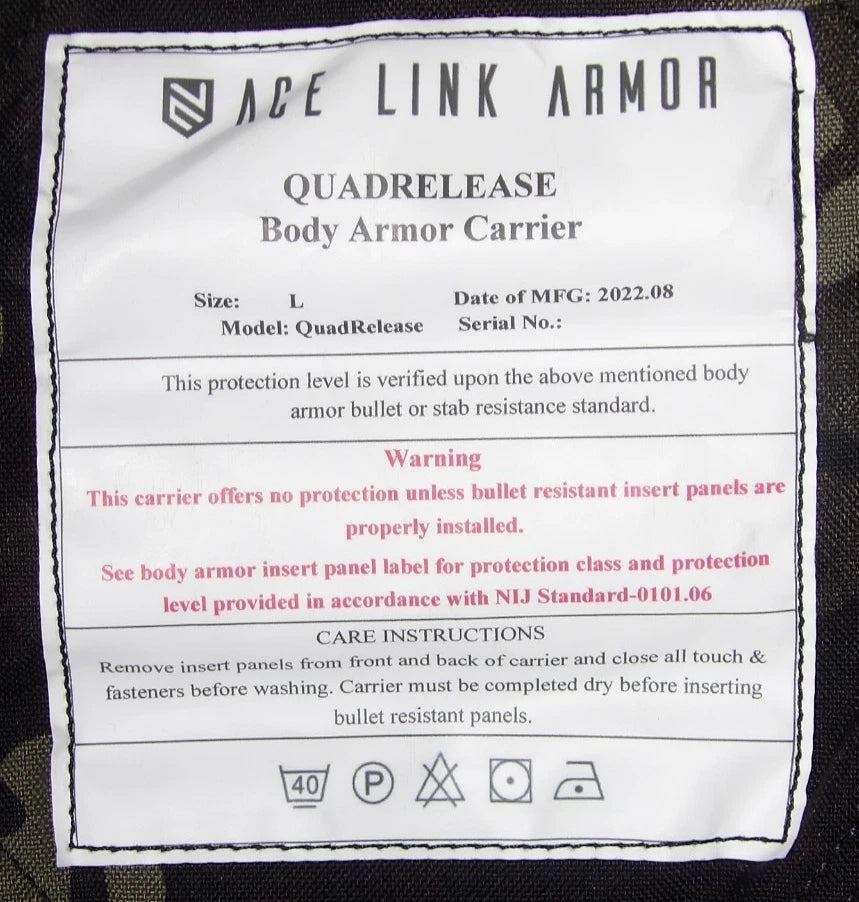 ACE LINK ARMOR QUADRELEASE NIGHTWATCH PATTERN PLATE CARRIER LARGE