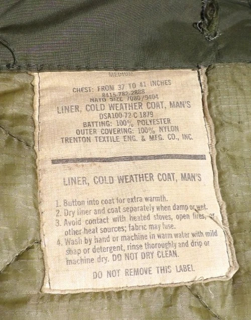 VINTAGE US ARMY 1980S COLD WEATHER FIELD COAT M-65 OG-107 MEDIUM SHORT