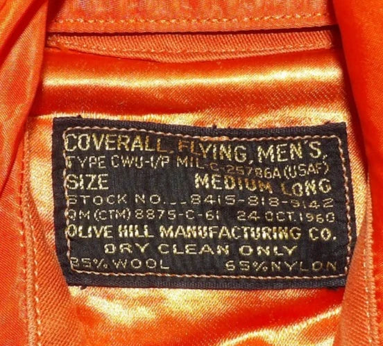 VIETNAM ERA VINTAGE CWU-1/P ORANGE FLYING COVERALL FLIGHT SUIT MEDIUM LONG