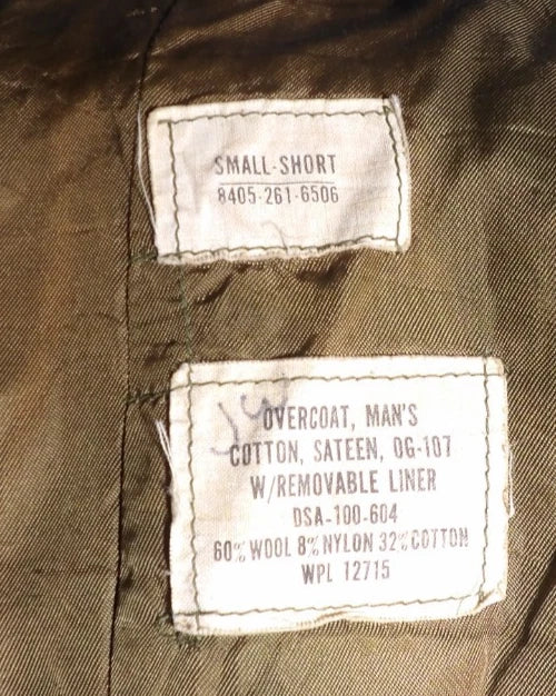 MENS ARMY OG 107 COTTON SATEEN OVERCOAT OG 107 W/ BELT SZ SMALL/SHORT