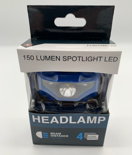 Blue Headlamp 150 Lumen Spotlight LED Adjustable Headband Requires Three AAA Batteries Not Included