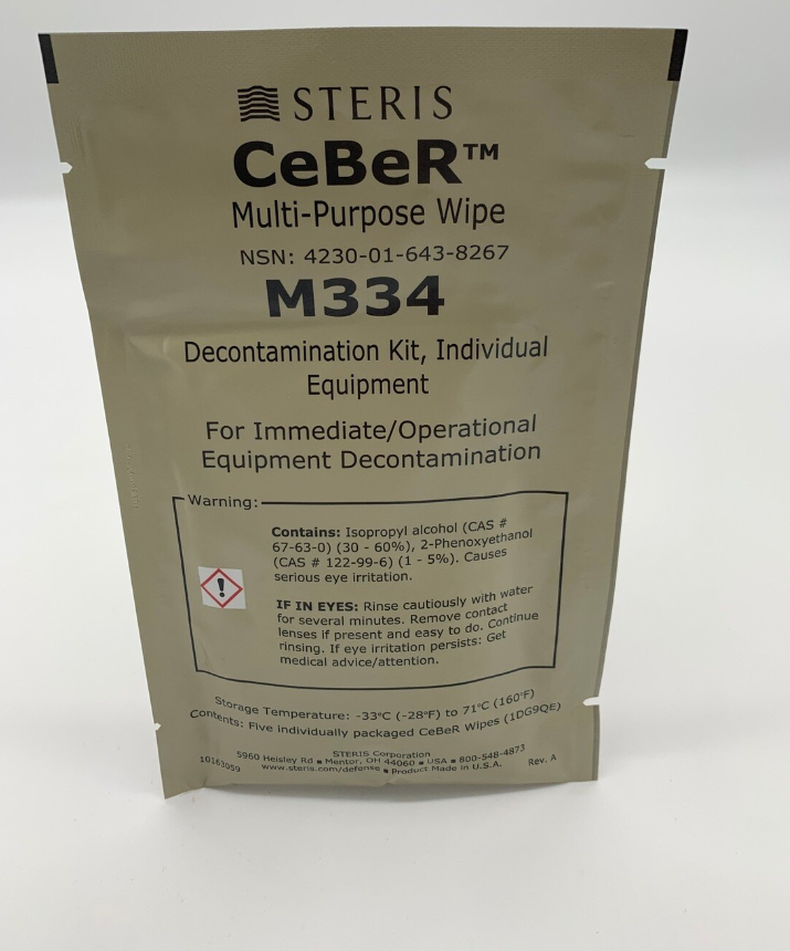 Decontamination kit Steris CeBeR Multi-Purpose Wipe M334. NSN# 4230-643-8267 Contains Five Wipes