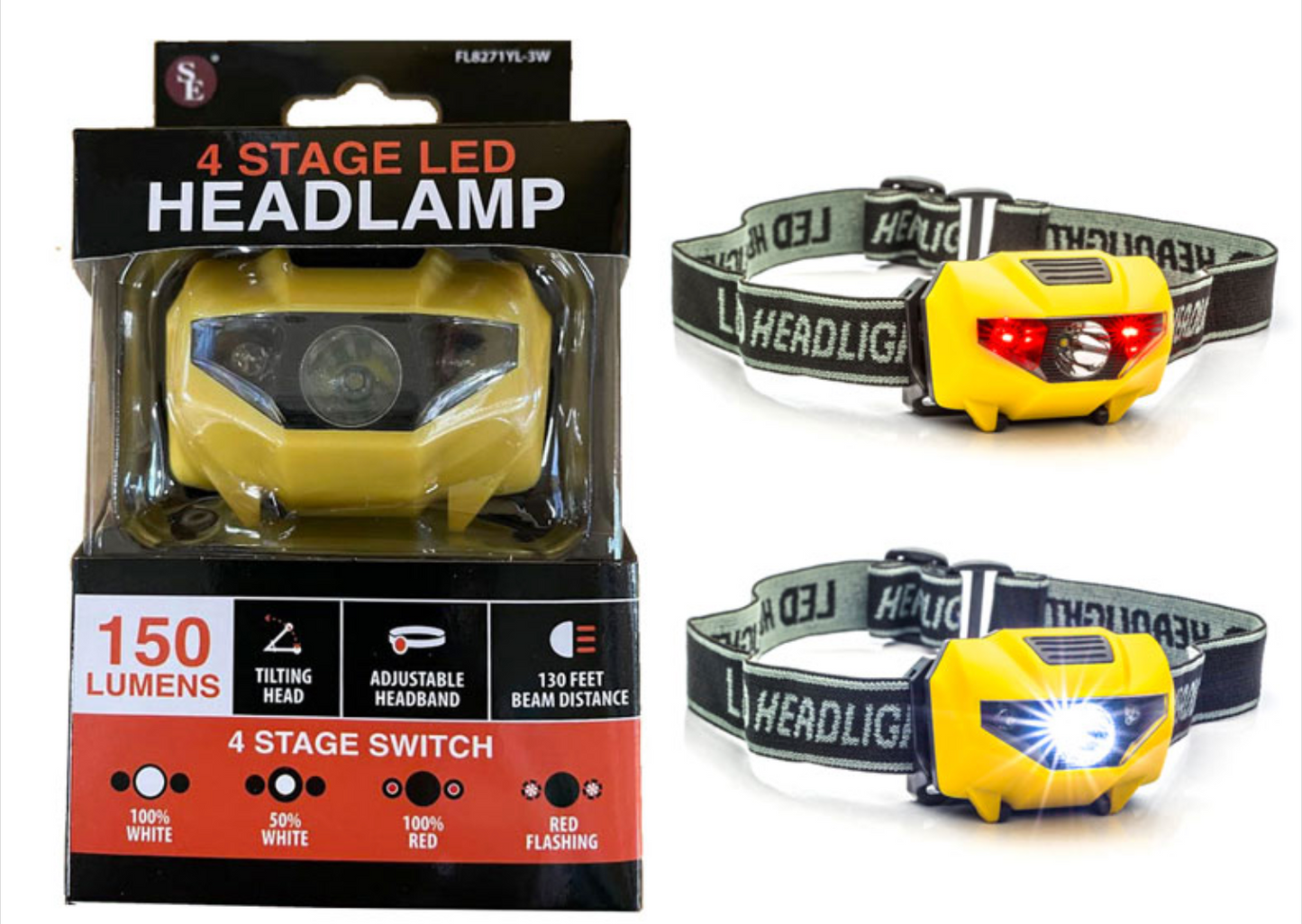 Head Lamp-150 Lumen/3 Watt With 2 Red LED/1White LED/ Yellow Body, Pivots 180 Degree